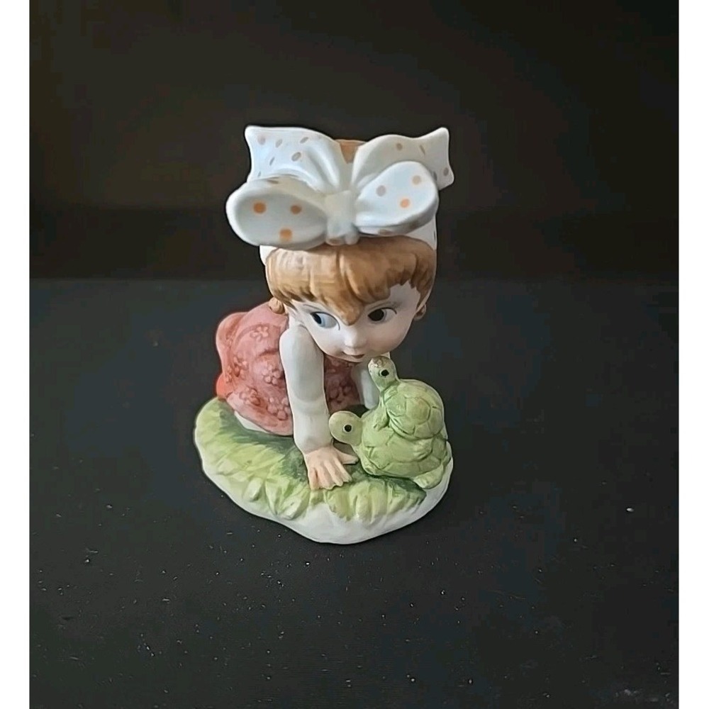 Vintage Lefton China Hand Painted Porcelain Girl with Turtle Figurine